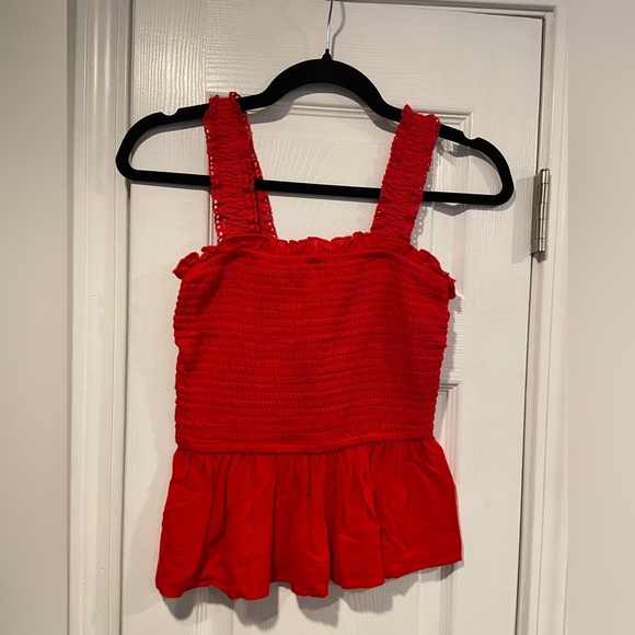 Joppa Size XS Red Stretchy Smocked Ruffle Hem Eyelet Lace Strap Crop Tank Top - Picture 1 of 10
